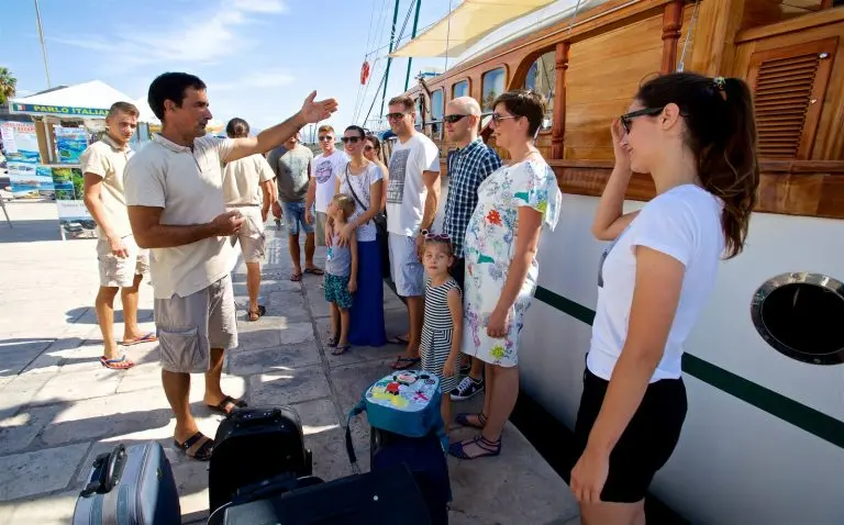 Passengers standing in front of the gulet while a crew member is giving directions